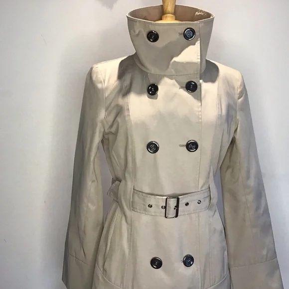 Guess Y2K VTG gray double breasted funnel neck belted skirt rain trenchcoat M - Picture 6 of 11